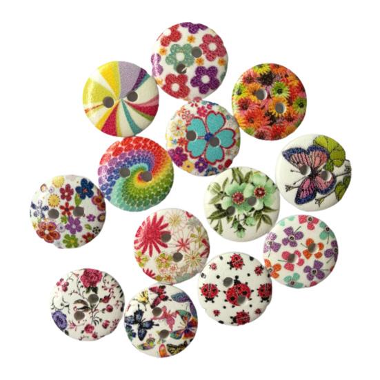 100Pcs Flower Print Wood Buttons 2 Holes Scrapbook Clothing Sewing DIY