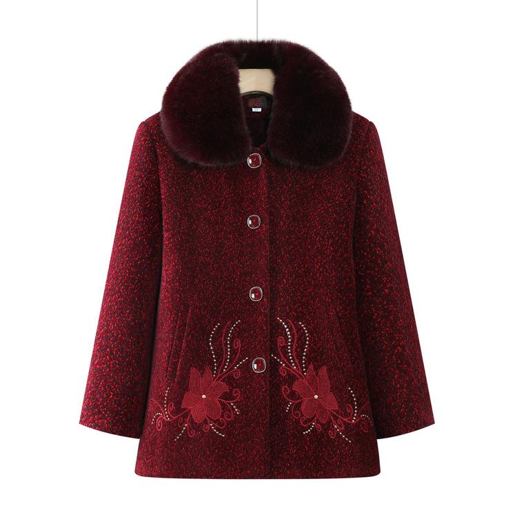 Elderly Autumn and Winter Clothes Female Grandma Jacket Plus Velvet Thickened 60-year-old 70-year-old Mother Woolen Coat Festive Wool Collar Top