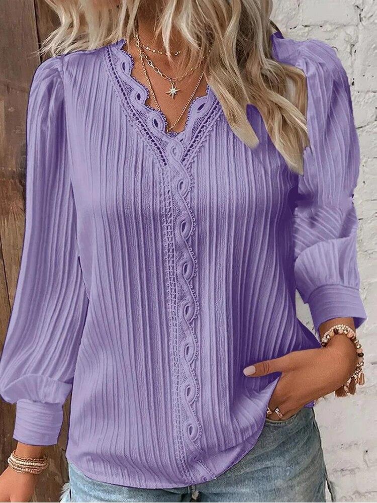 Women Lace Stitching Shirt Solid V-neck Simple Chiffon Decoration Hollow Out Design Fashion Elegant Top Office Lady Blouse