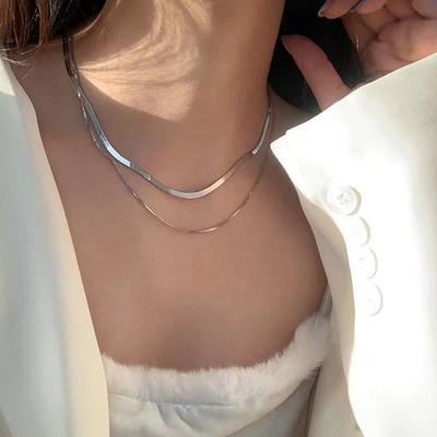 Double-layer Snake Bone Chain Necklace Women's Flat Sterling Silver Ins Hip-hop Personalized Retro Stacking Wear Simple Niche Short Neck Chain
