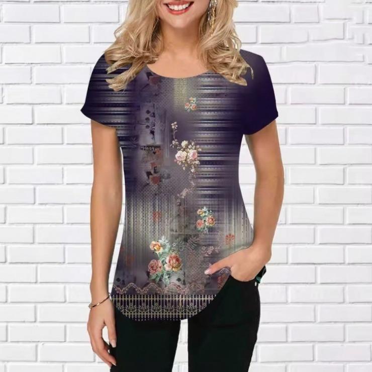 Summer Round Neck 3D Retro Floral pattern Print Top Fashionable Casual Short Sleeved Women's T-shirts