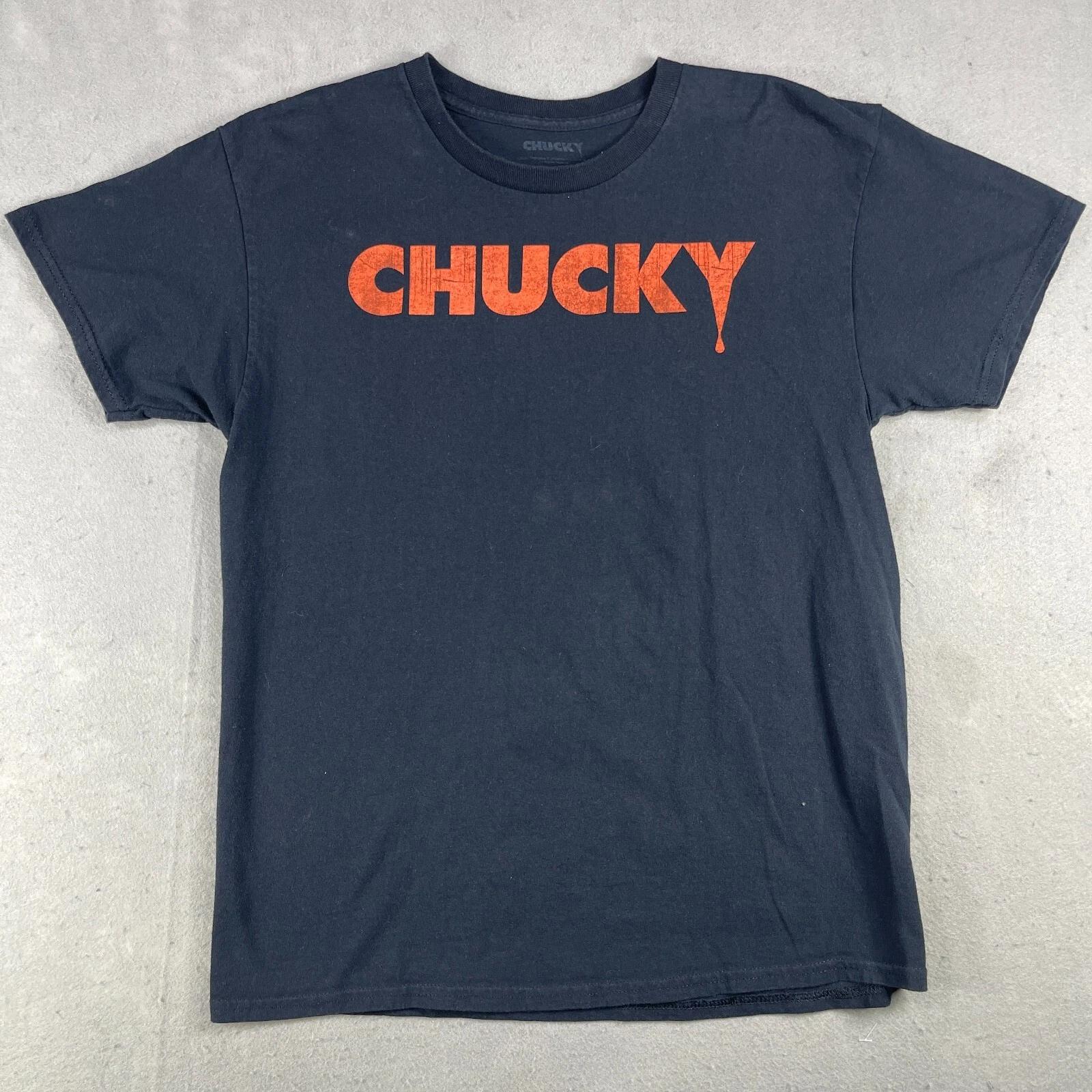 Chucky Graphic T-Shirt Mens Large Black Spellout Childs Play Chucky in Flames S
