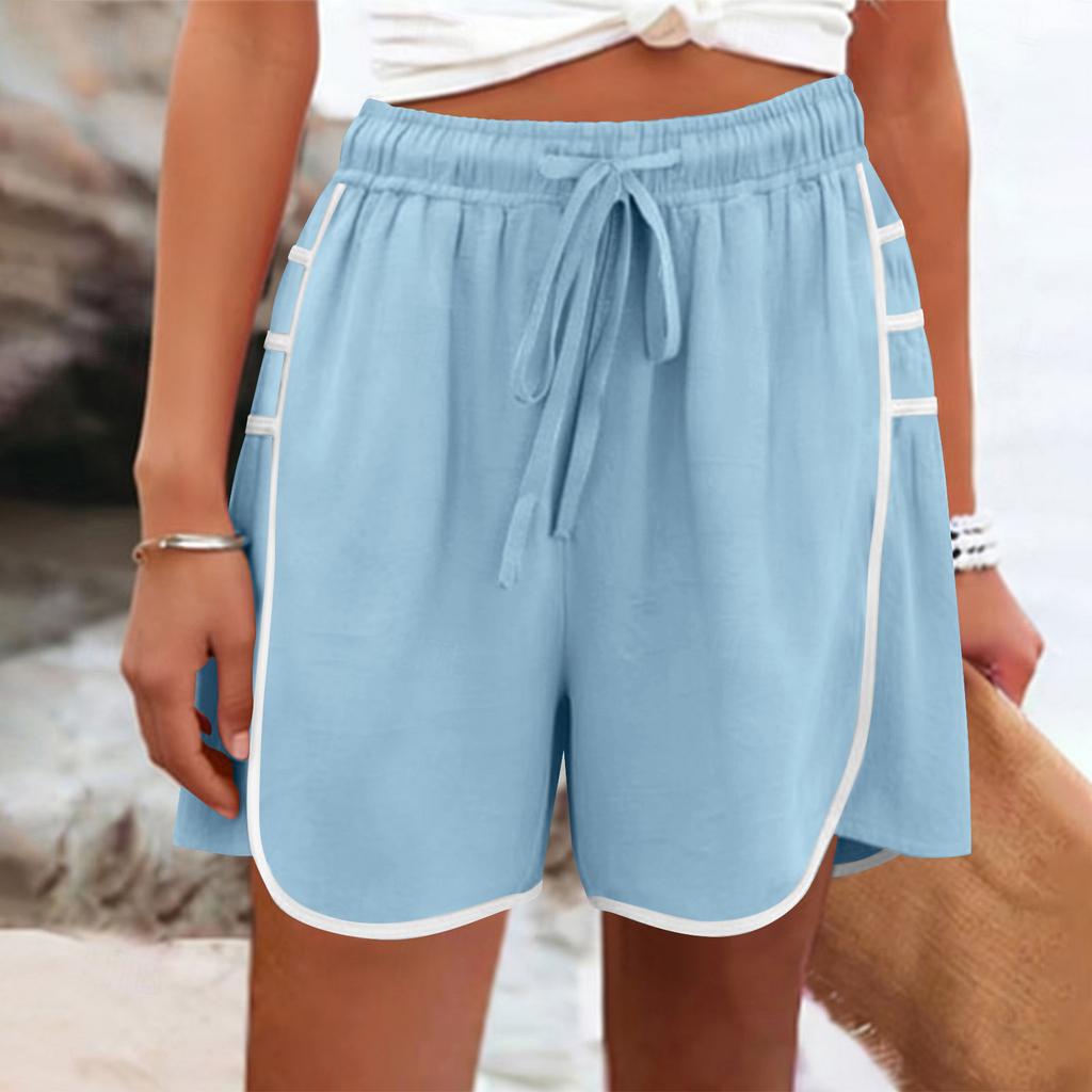 Women's Color Casual And Fashionable Drawstring Pocket Cotton And Linen Shorts