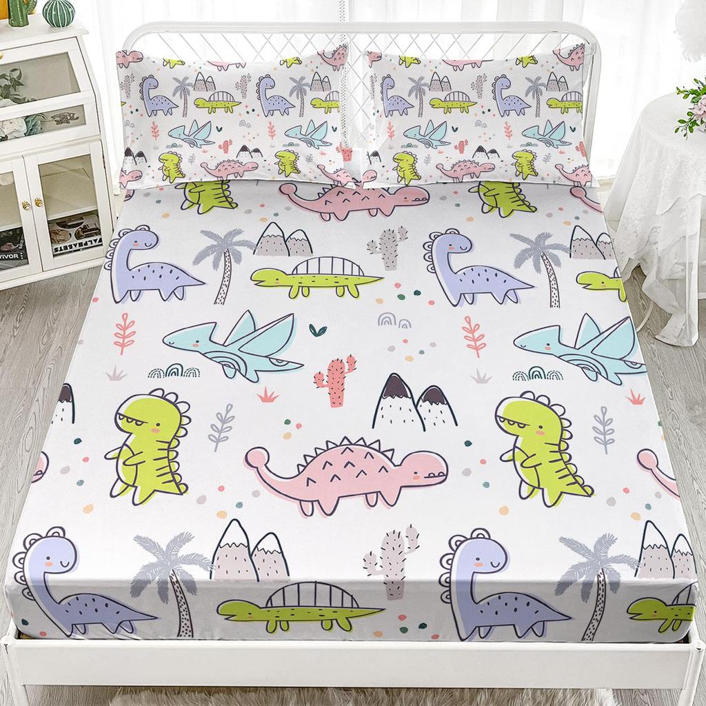 Mehrfarbiges Cartoon-Dinosaurier-Muster Bettmütze Dreiteiliges Digitaldruck Niedliches Muster Bettwäscheset
