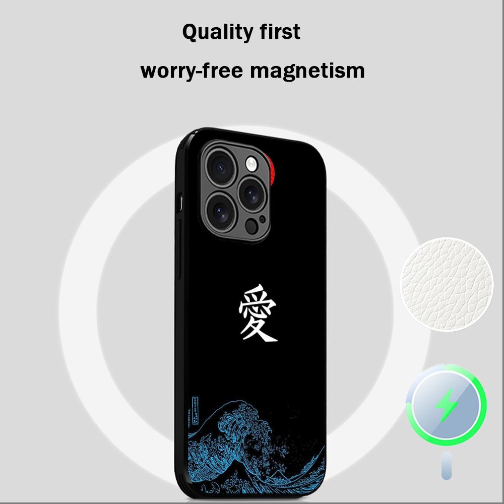 Japanische Kunst Text Mode Liebe Design Handyhülle Für iPhone 16 15 14 13 12 11 Plus Pro Max High-End Luxus Magsafe Lammleder