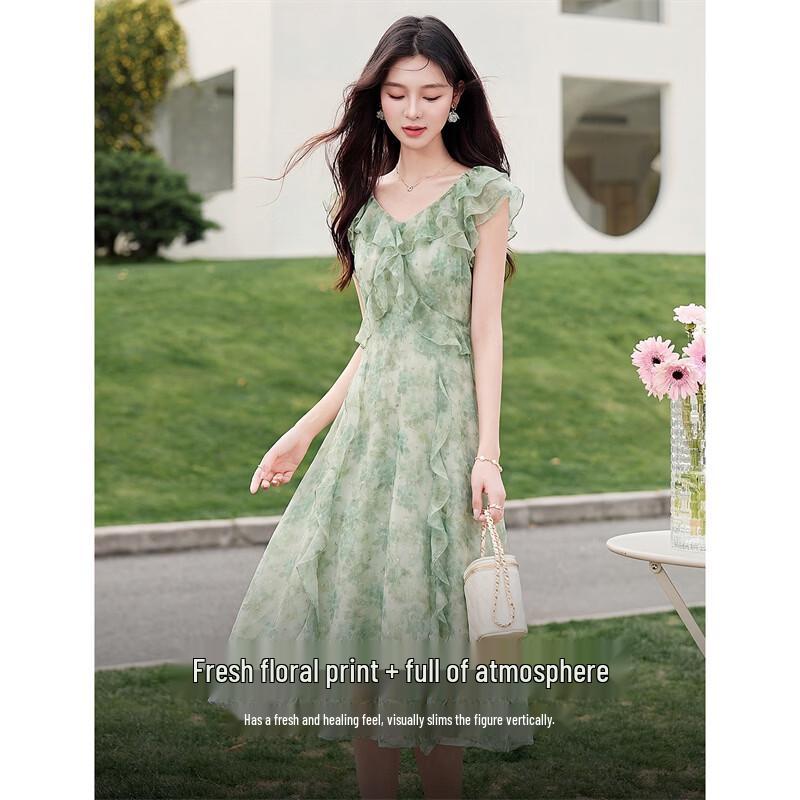 Elegant French Floral Ruffle A-Line Midi Dress