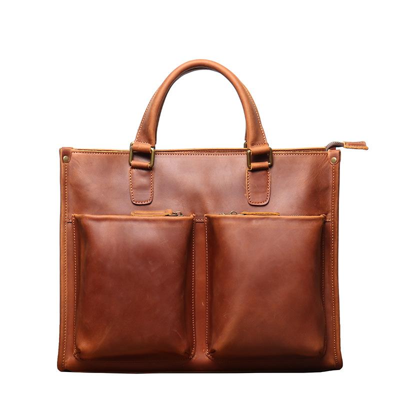 Retro Fashion Men'S Genuine Leather Laptop Bag Crazy Horse Leather Handmade Shoulder Oblique Span Bag Large Capacity Briefcase