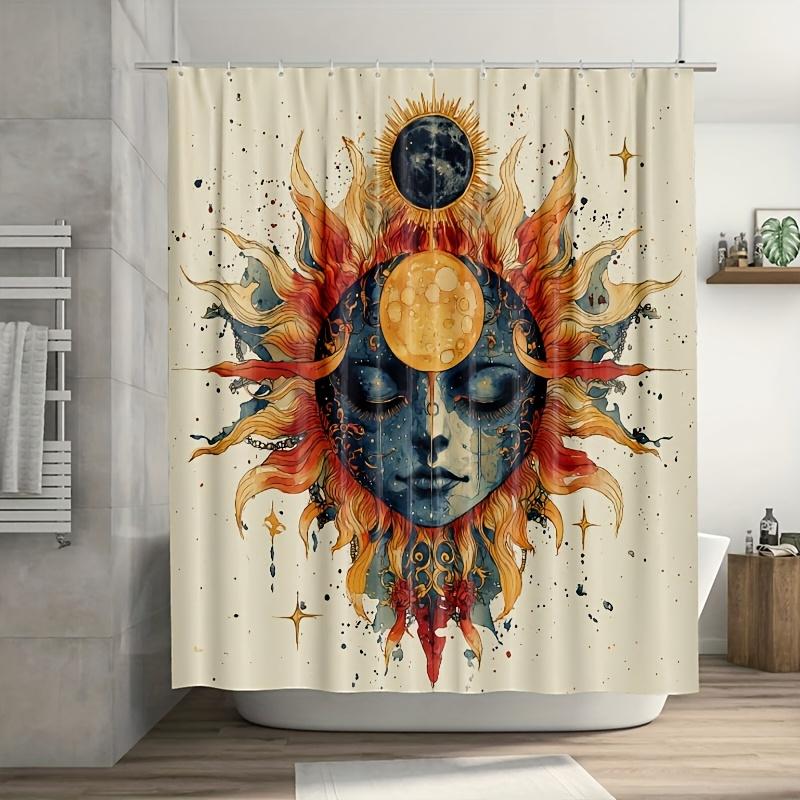 1pc Two Suns & Moon Shower Curtain - Vibrant Cartoon Art, 71x71 Inch, Polyester, 12 Hooks, Hand Wash, Summer Bathroom Decor W90XH180cm