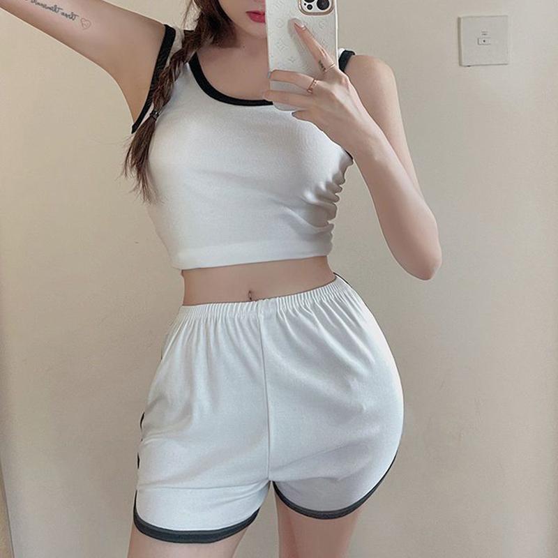 Summer Casual Natural Slim Sleeveless 2 Piece Set Women Fashion Design Solid Sling Sports Vest Vintage Chic High Waist Thin Short Pants New