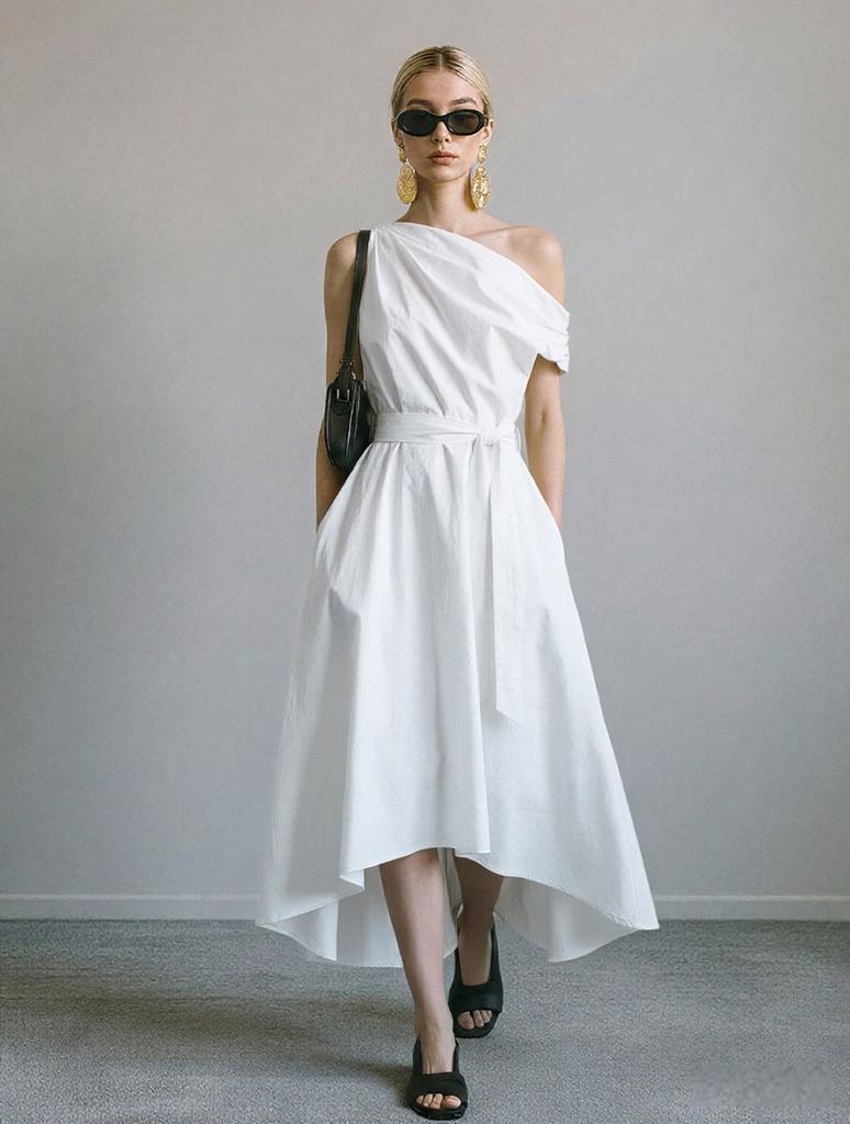 New Summer/Fall Collection Elegant Off-the-Shoulder Waist-Cinched Tie-Front Dress with Asymmetrical Hem for Women