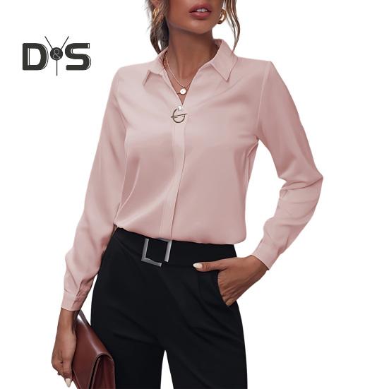 Damen-Hemd mit Revers, langen Ärmeln, Kunstperlen-Dekor, normale Passform, einfarbig, einfache, leichte Bluse