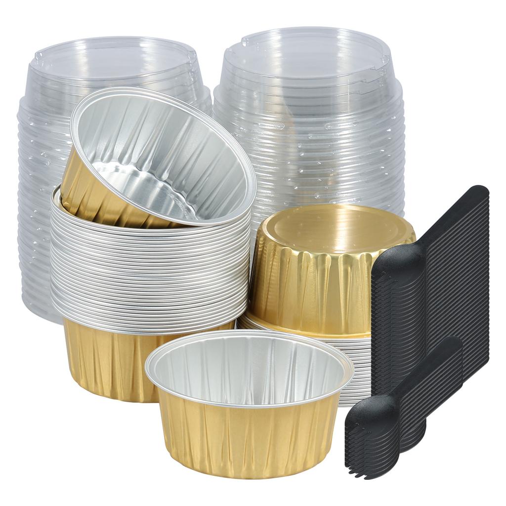 50Pcs 5oz Mini Baking Cups Aluminium Foil Cake Pans with Lids Spoons Heat Resistant Cupcake Muffin Liners for Gatherings Parties