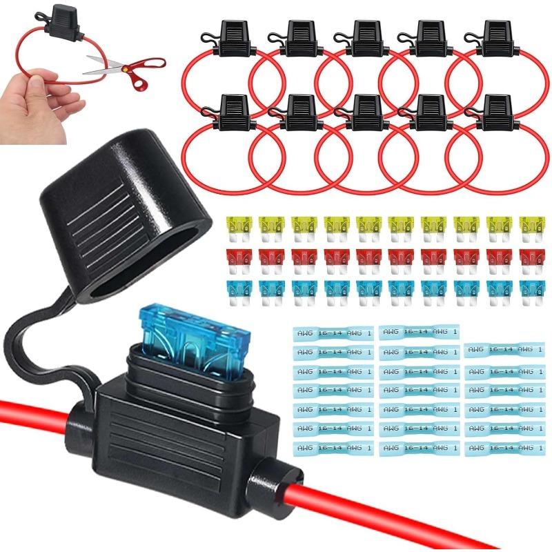14 AWG Inline Fuse Holder: 10 Pack Waterproof ATC/ATO Fuse Holders with 30pcs Standard Blade Fuses (10A,15A, 20A)?20PCS Heat Shrink Tubes Pack of 1