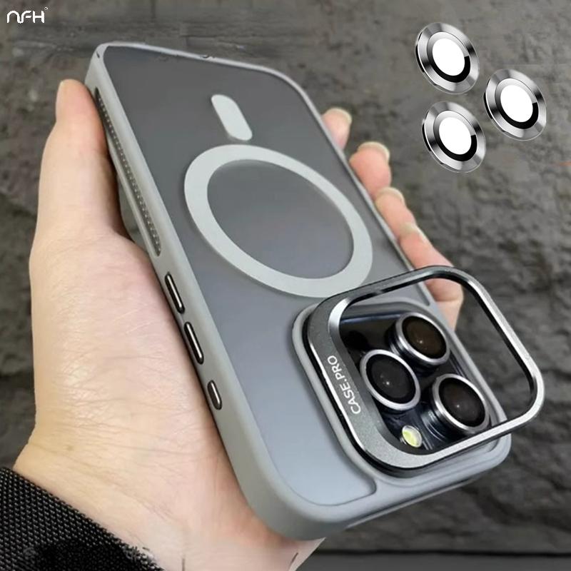 For iPhone 15 Pro Max Luxury Magsafe Magnetic Matte Phone Case For iPhone 11 12 13 14 16 Plus Lens Holder Stand Protective Cover