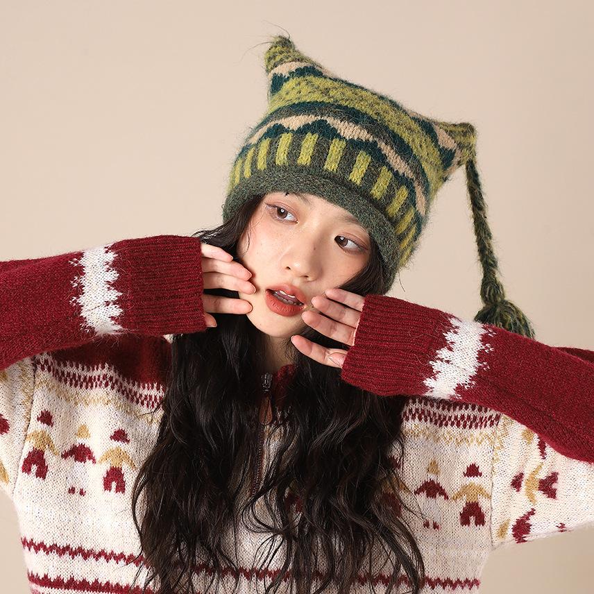 Japanese soft girl cute cat ears wool hat autumn and winter little devil hat ear protection warm concave knitted hat tide