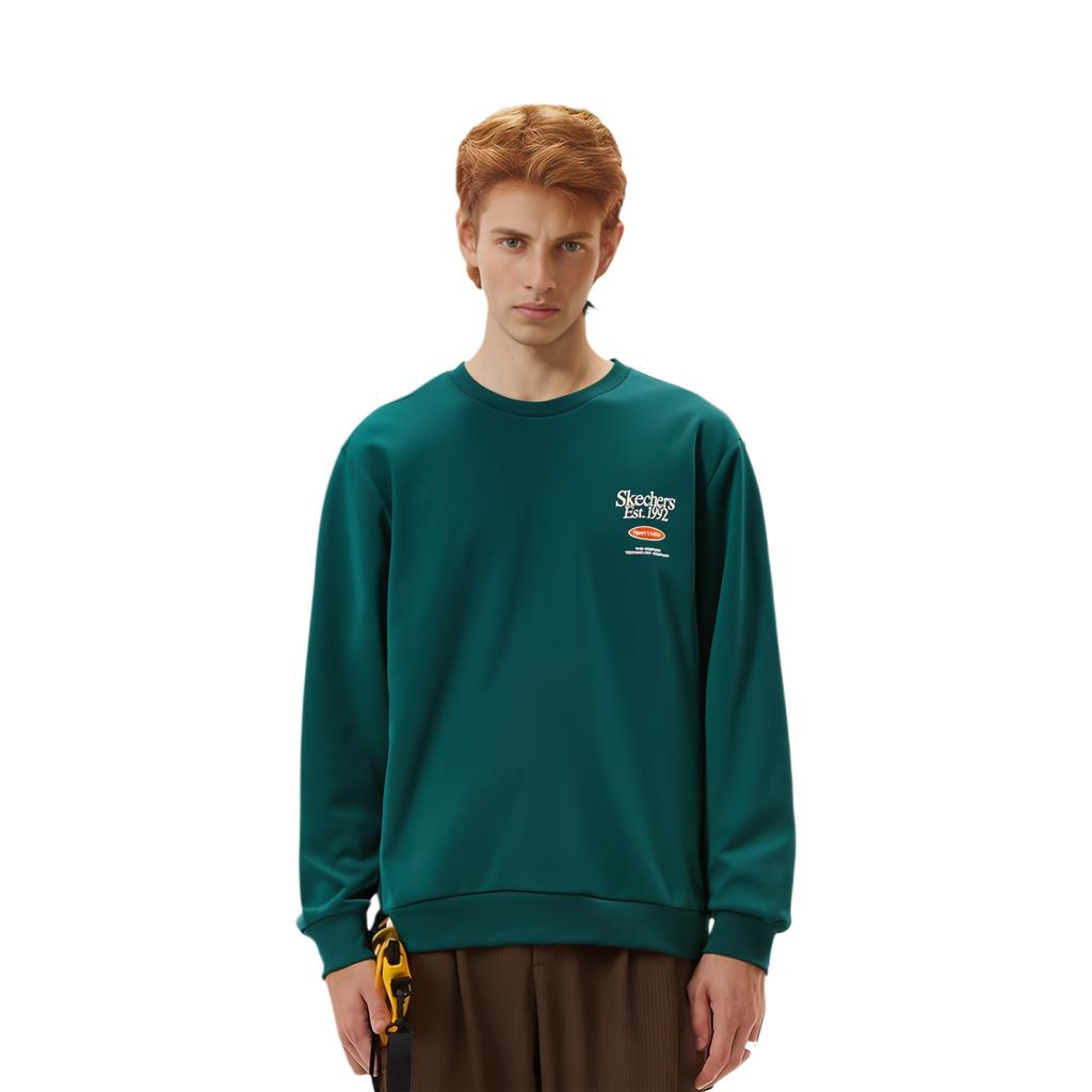 Skechers Colorful Casual Series Letter Number Print Round Neck Knitted Pullover Sweatshirt Unisex Sweatshirt Deep-Sea-Green L124U029-006U