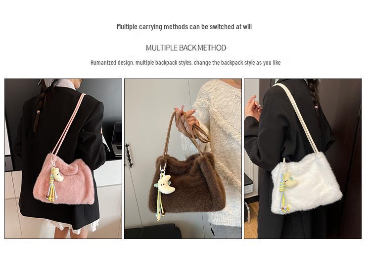 Bolsa Tote Transversal e de Ombro de Pelúcia Fofa Estilo Coreano
