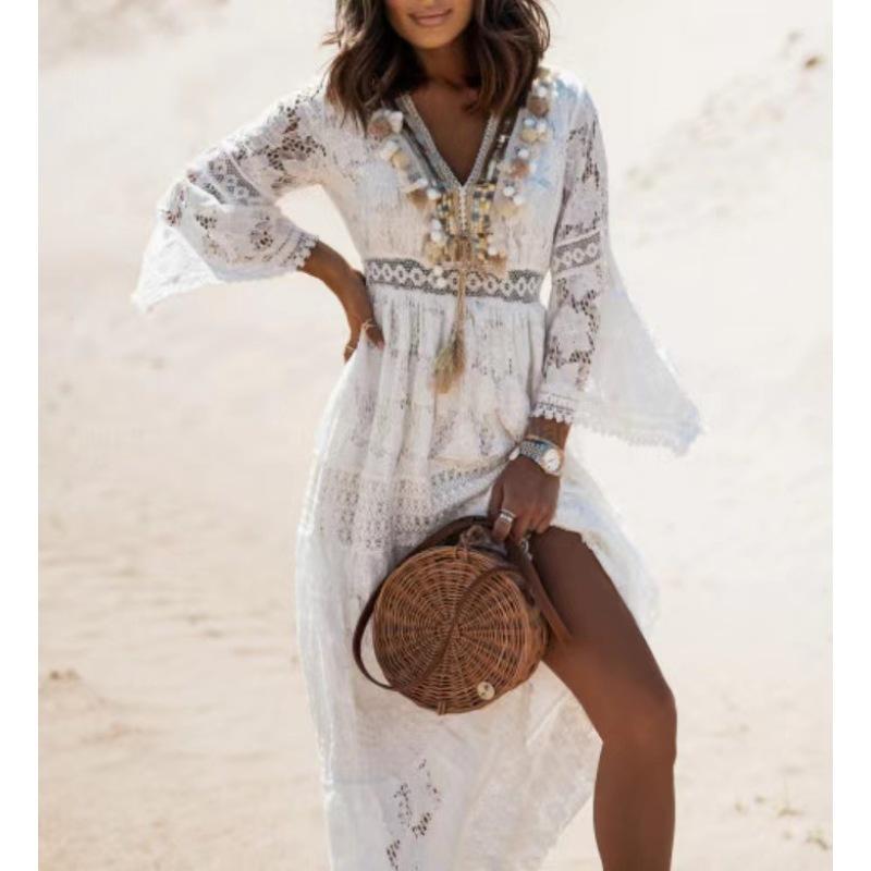 Women's Solid Color Long Sleeve V-neck Lace Splicing Loose Long Dress