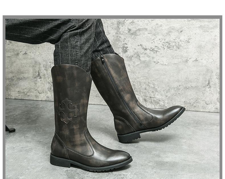 Bottes Western Cowboy en Cuir Mi-Mollet Style Européen & Américain pour Homme avec Fermeture Éclair