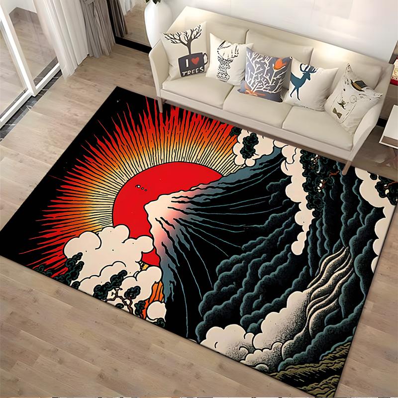 Retro Japanese Style Carpet with Mount Fuji and Rising Sun Design Suitable for use as an anti-slip for living room bedroom sofas
