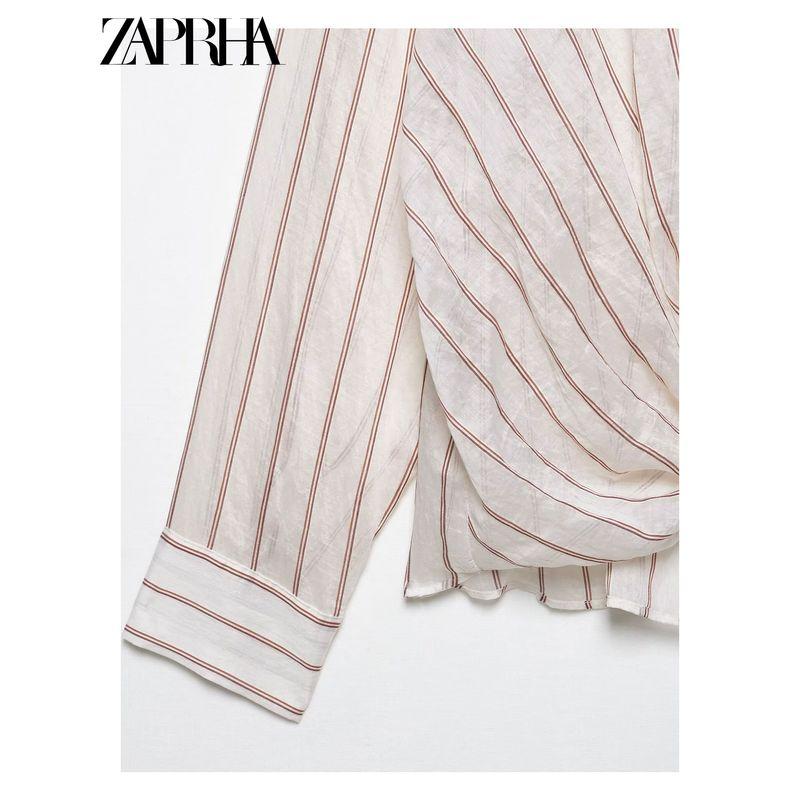 Zaprha 2025 New Arrival French Style Loose Plaid Bow Tie Stripes Long Sleeves V-neck Shirt Women's 5029082