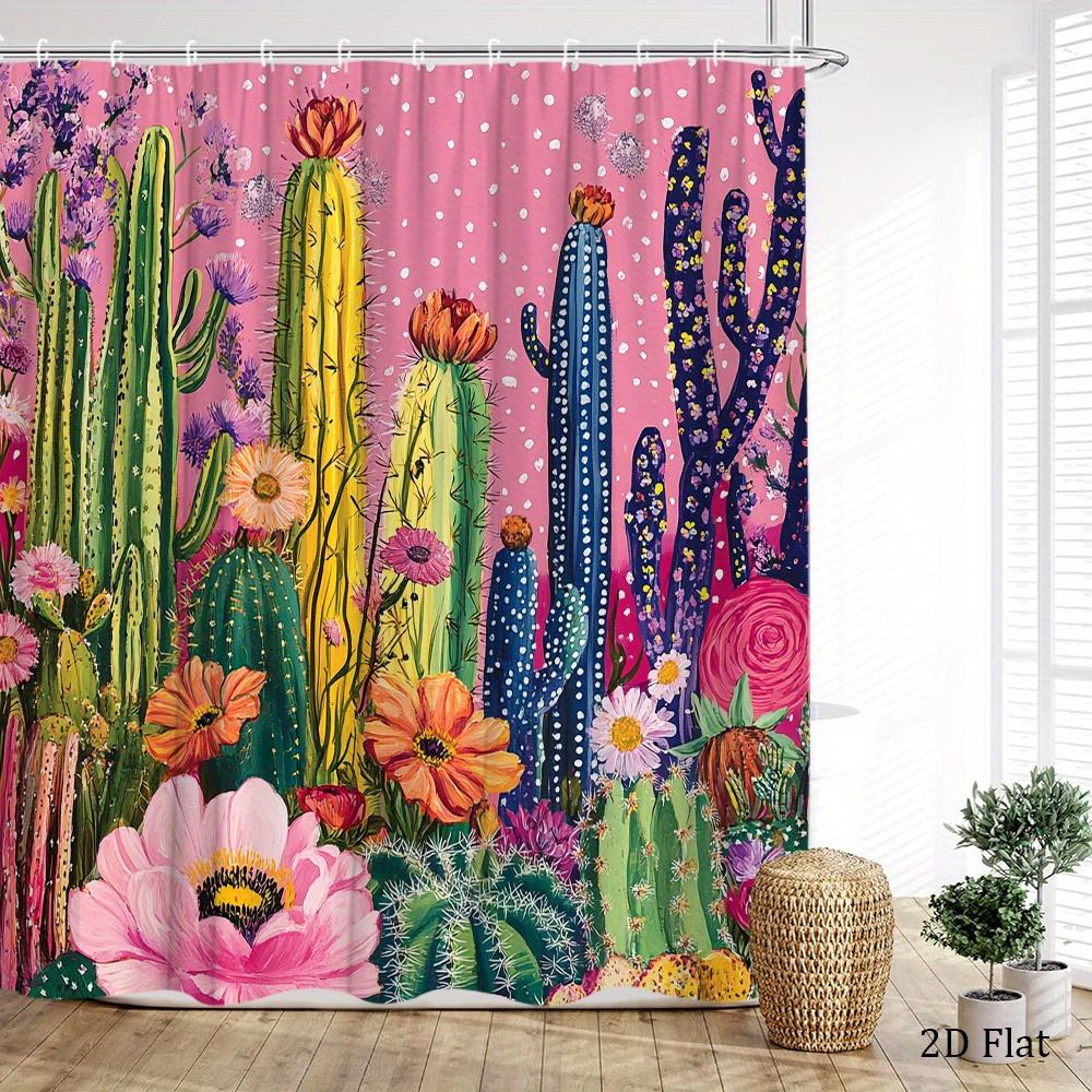 Cactus Shower Curtain 180x180cm – Whimsical Desert Garden with Blooms, Boho Southwestern Bathroom Decor, 12 Hooks