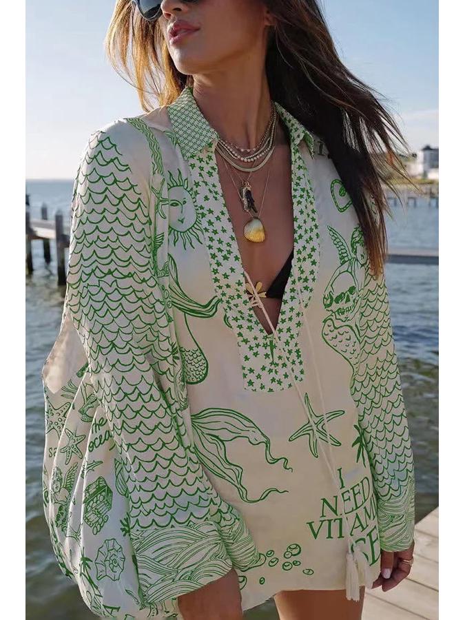 2025 Spring European Women s Casual Two-Piece Set: Loose Printed Shirt & Shorts S зелёный