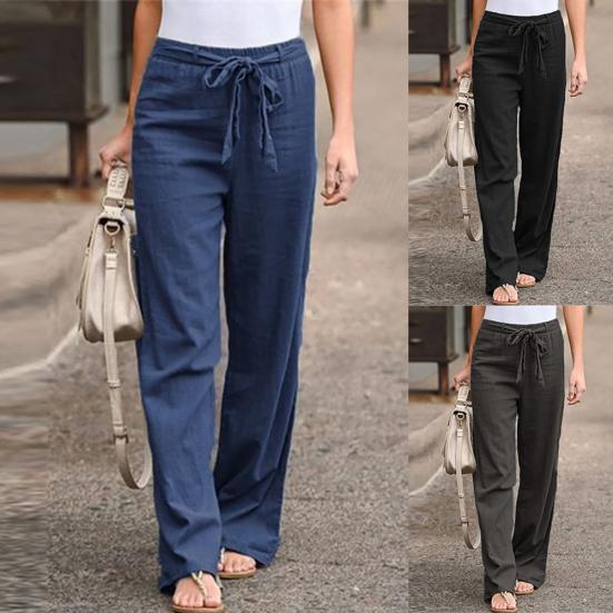 Women Casual Solid Color High Waist Belt Wide Leg Long Straight Pants Trousers