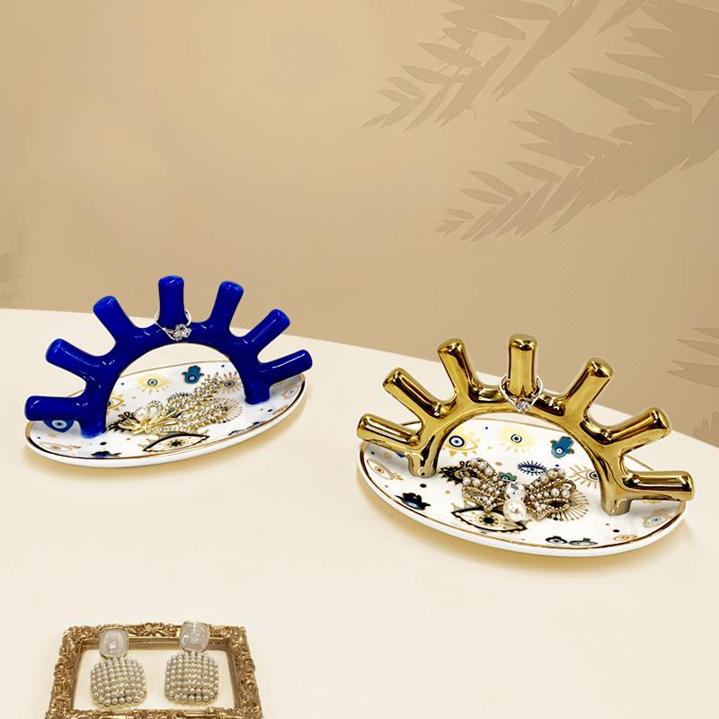Multifunctional Ring Display Rack Earring Necklace Jewelry Storage Organizer Evil Eyes Ceramics Storage Tray Makeup Table Decor