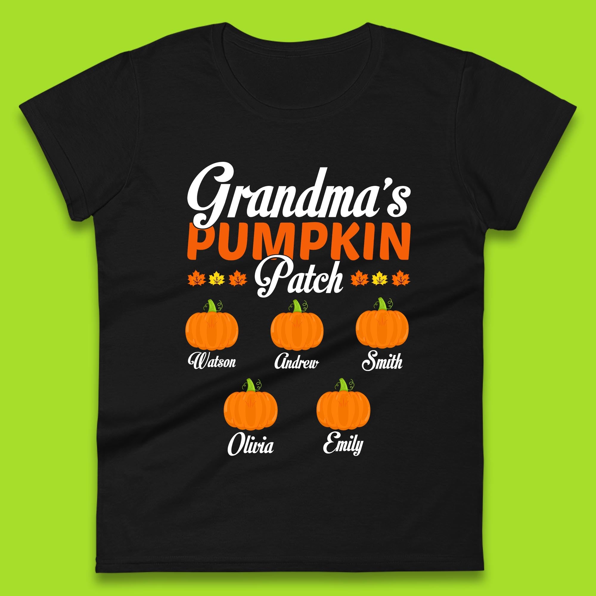 Personalised Grandma s Pumpkin Patch Your Name Halloween Grandma Pumpkin With Grandkid Names Gift Womens Tee T Shirt Mens Tops Unisex Top XL
