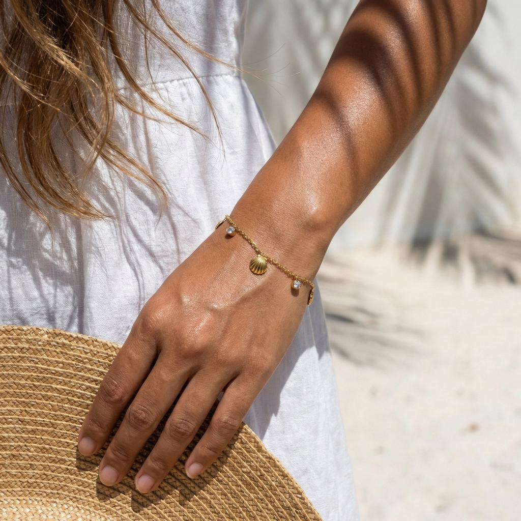 Shell Zirconia Bracelet for Women Waterproof Non-Tarnish Stainless Steel Adjustable Summer Beach Fashion Jewelry