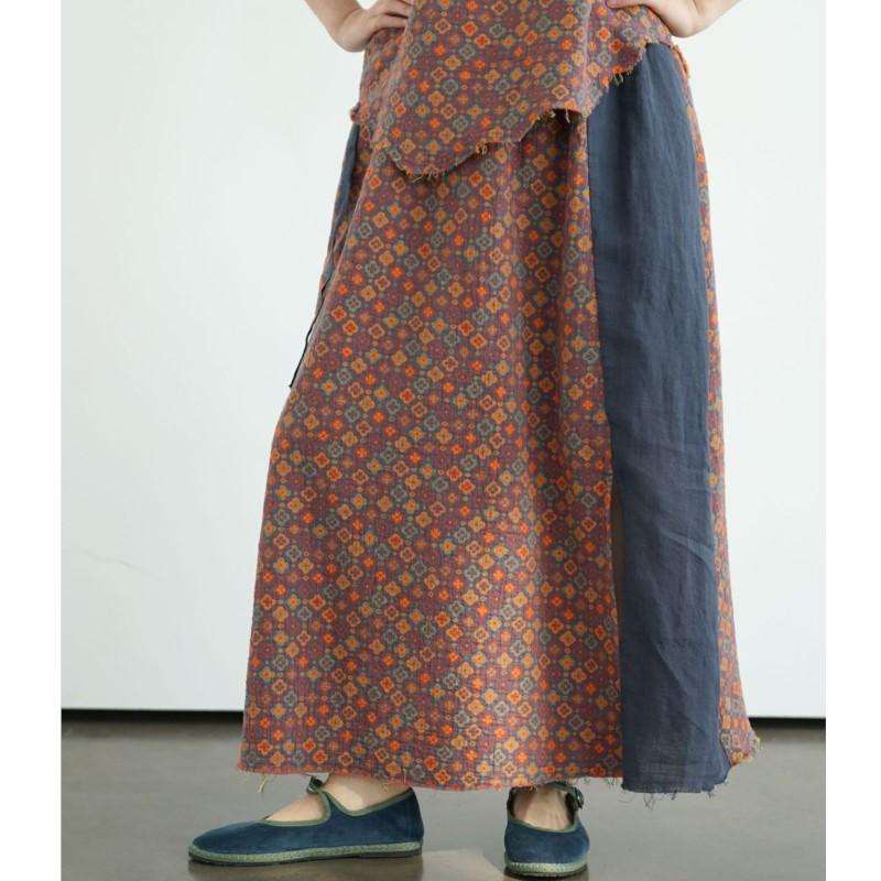 Johnature Women Vintage Print Floral Skirts Elastic Waist Cotton Soft Cloths Summer Loose Patchwork Color Skirts