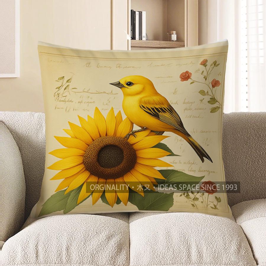Home Decor Sunflower & Bird With Vintage Script Design Pattern Cushion Cover Suitable For Sofa Bedroom Car Pillow Cover
