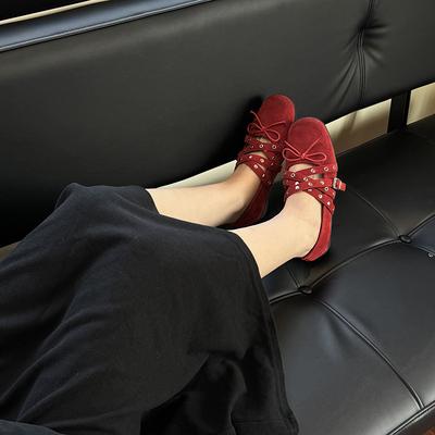 Sheepskin Version~ Leather Retro Rivet Red Shallow Mouth Ballet Shoes Women's French Bow Mary Jane Shoes Single Shoes