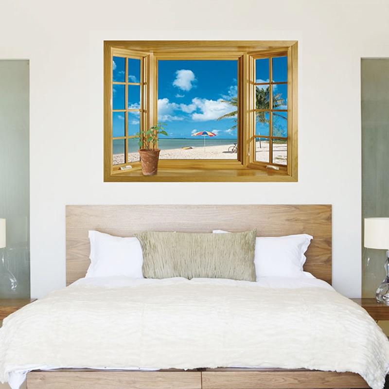 New Window 3D Print Beach View Sea Landscape Wall Stickers Art Mural Decal Wallpaper Living Room Decor
