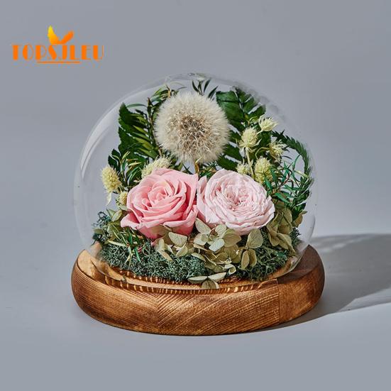 Capac din sticlă cu flori de păpădie veșnică, bază din lemn, cupolă din sticlă infinită păstrată de păpădie, soție iubita soție cadou de Ziua Îndrăgostiților