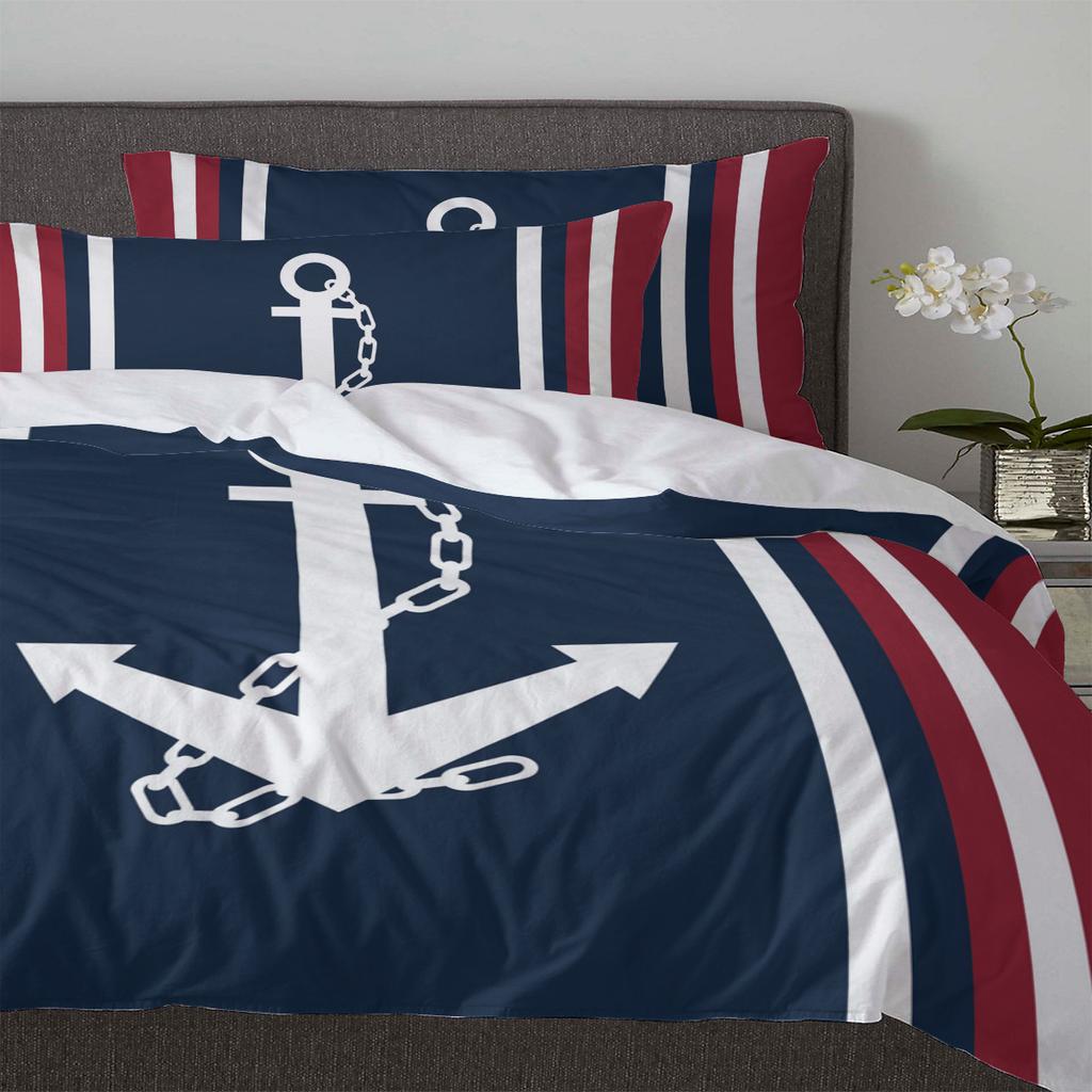Vertical Blue Red Stripe White Anchor Duvet Cover With Pillow Case Custom 3pcs Bedding Set Quilt Cover Double Bed Home Textile