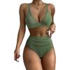 New High-waisted Bikini, Mesh Stitching Sexy European and American Backless Pleated Swimsuit