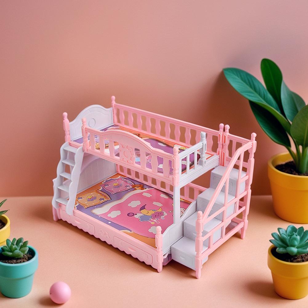 1 Set Mini Doll Toy Furniture European Style Bunk Bed Miniature Simulation Birthday Scene Doubl N2Z0
