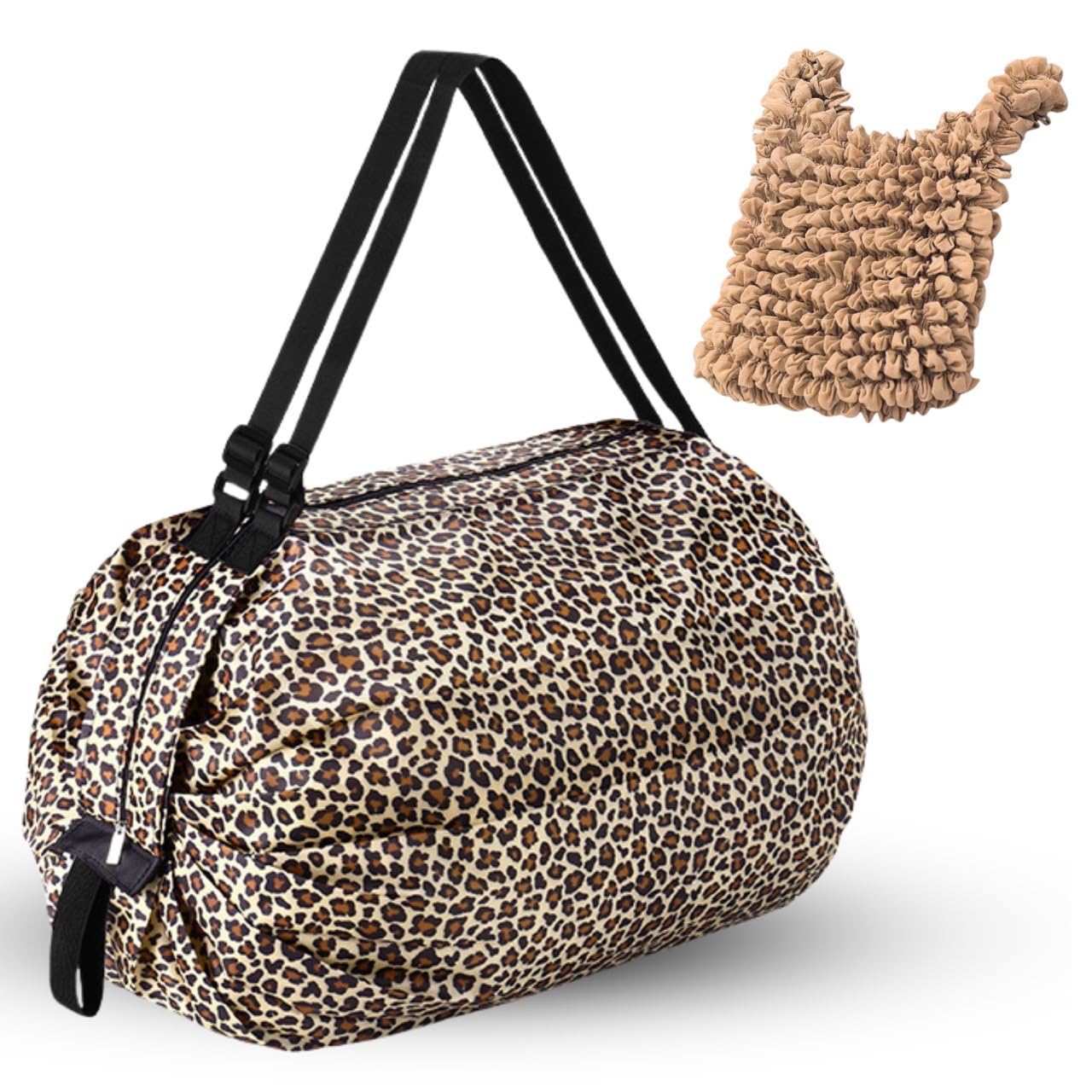 

Large Capacity Eco with Crinkle Bag [RELATO] Bag, Foldable, Compact, Lightweight, Zippered, Stretchable, (Leopard Print)
