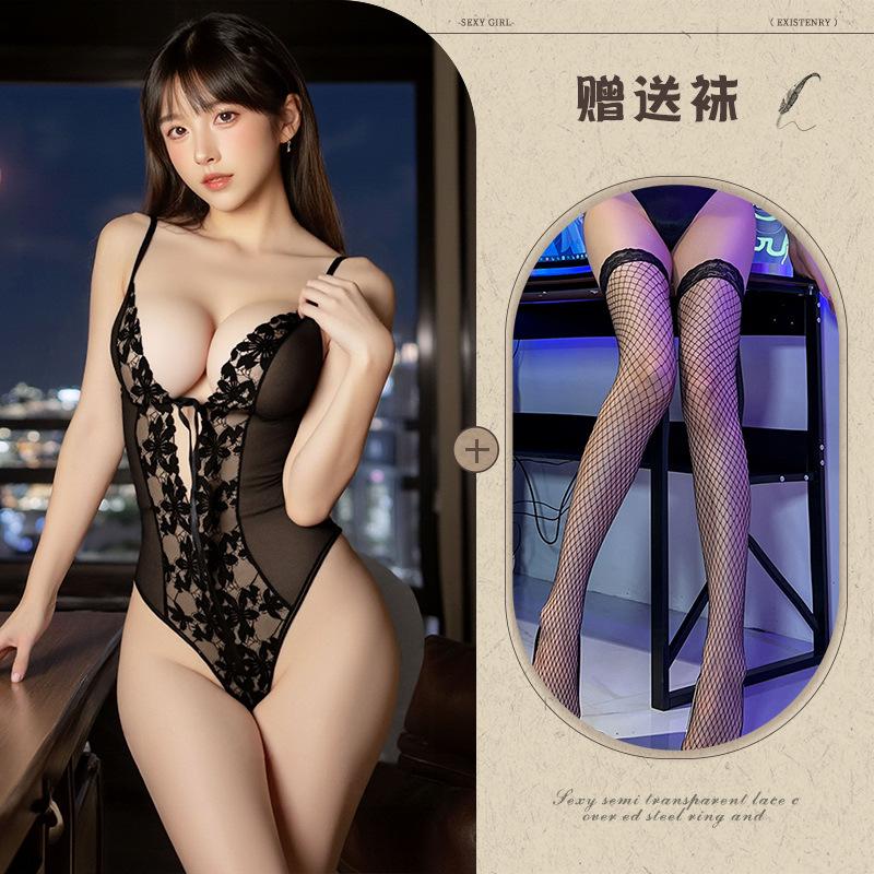 Sexy Lace Suspender Deep V Sex Underwear Lace-Up Perspective Hollow Mesh Onesie