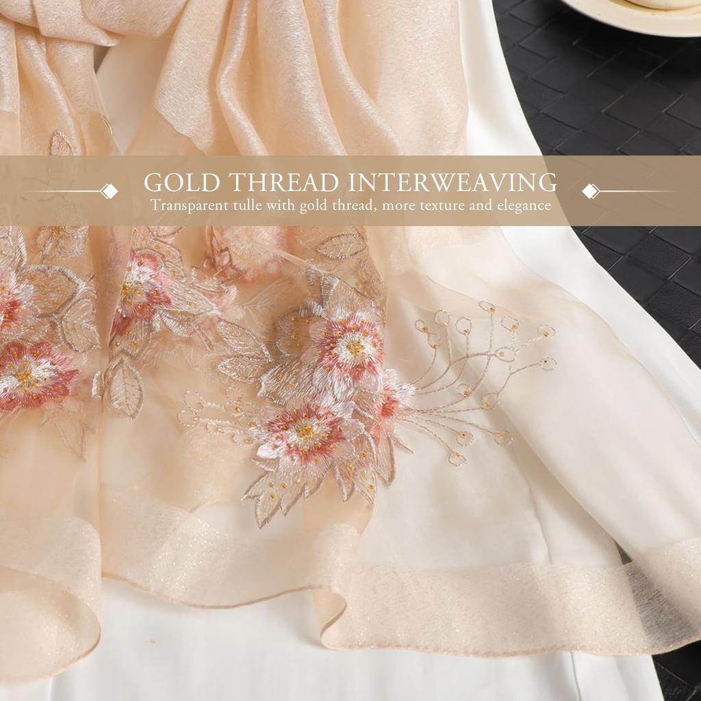 Maulbeerseide Schal Chiffonschal für Damen Perlenstickerei Floral Transparent Tüll Leicht Weich Langer Schal Sonnenschutz Schal Stola Frühling