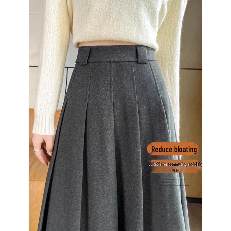 Pleated Wool Midi Skirt with Invisible Zipper - A-Line Niche Design Large серый