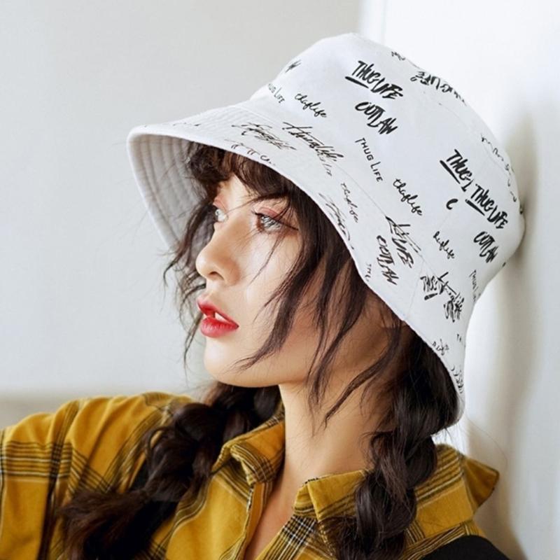 Nowy Dwustronny Kapelusz Bucket Hat Męski Damski Japoński Graffiti Litery Outdoorowe Kapelusze Przeciwsłoneczne Unisex Szerokie Rondo Składane Kapelusze Rybackie