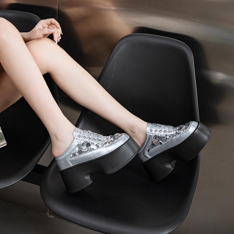 Summer popular baotou half slippers women's shoes 2025 fashion thick soles increase 11 cm haute couture sequins women's shoes tide