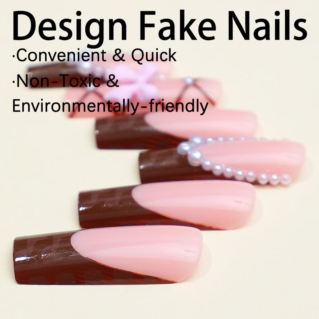 Long Pipe Wear Nail Chocolate French Bow Pearl Fake Nail Removable Nail Art Nail Piece