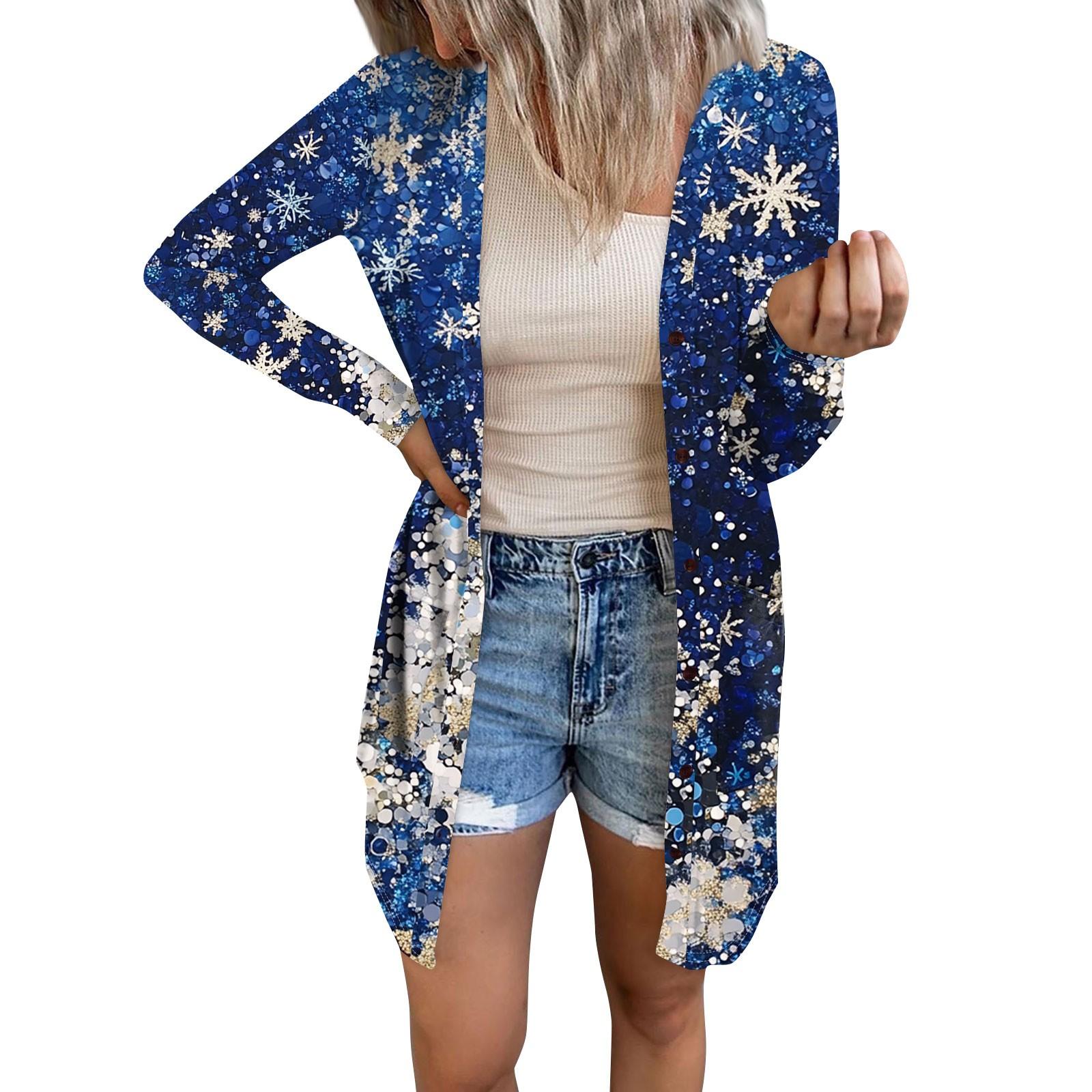 

Women s Casual Long Sleeve Christmas Printed Cardigan With Pockets XXL синій