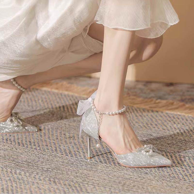 Shiny High Heels Pointed Toe Silver Women Pumps Metallic Crystal Sandals Bow Stiletto Heeled Shoes Party Dress Shoes Woman