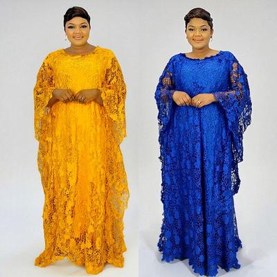 Plus Size African Women's Loose Long Robe Dress with Water Soluble Lace & Short Sleeves