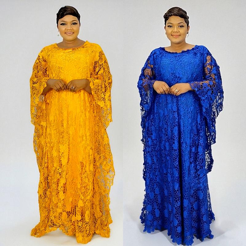 Plus Size African Women's Loose Long Robe Dress with Water Soluble Lace & Short Sleeves